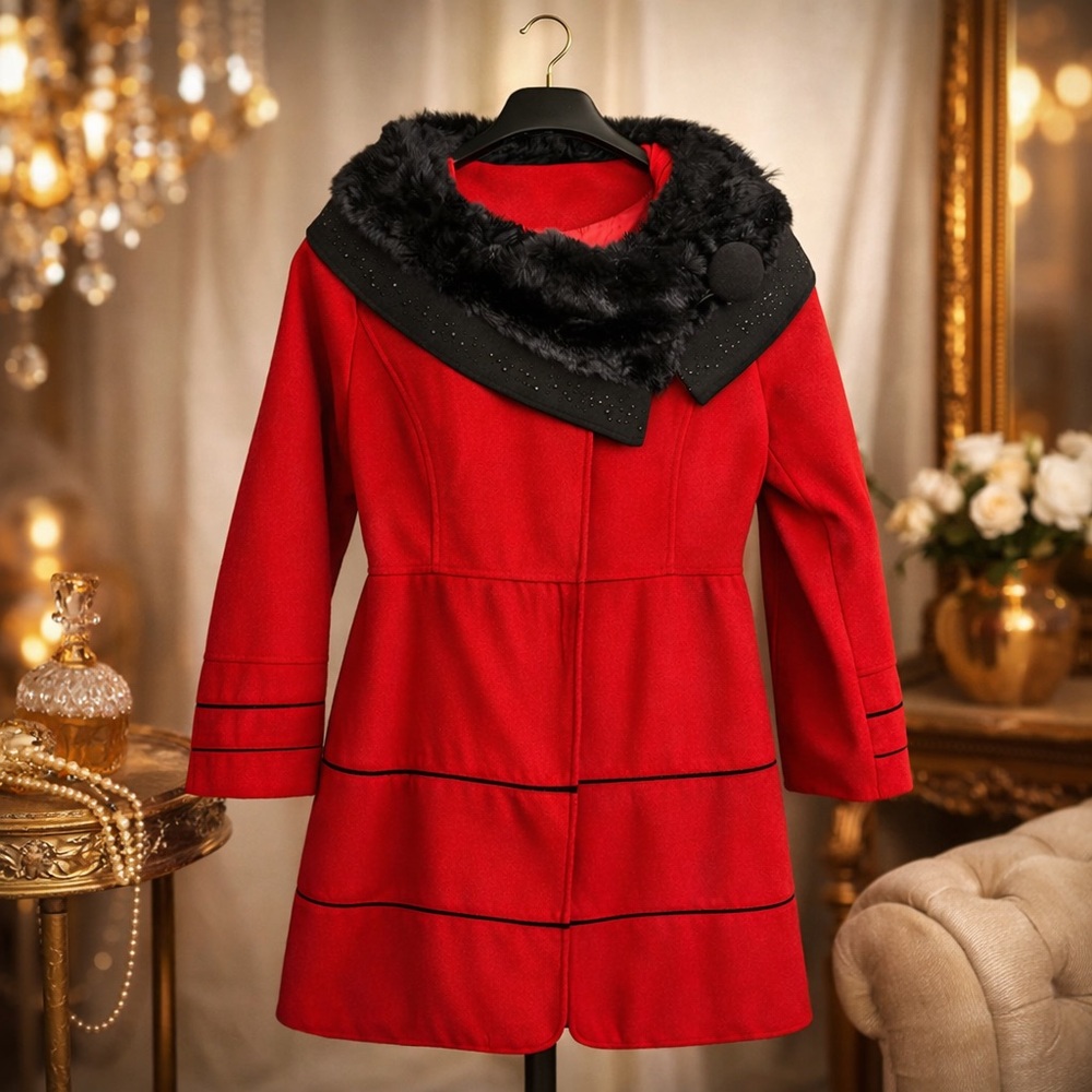 Elegant Red Coat with Black Faux Fur Collar